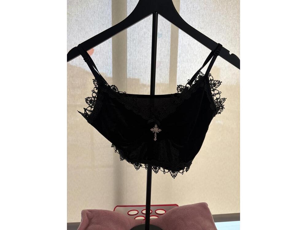 Black Lace Velvet Crop Top with Cross Charm